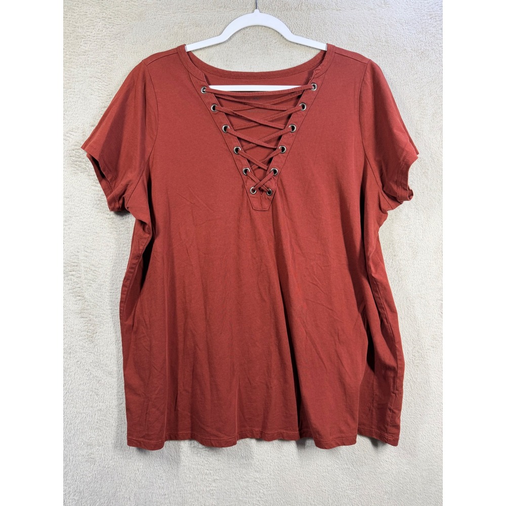 Torrid Lace Up Top Women 1X Rust Orange Short Sleeve Cotton Grommet V-Neck Tee